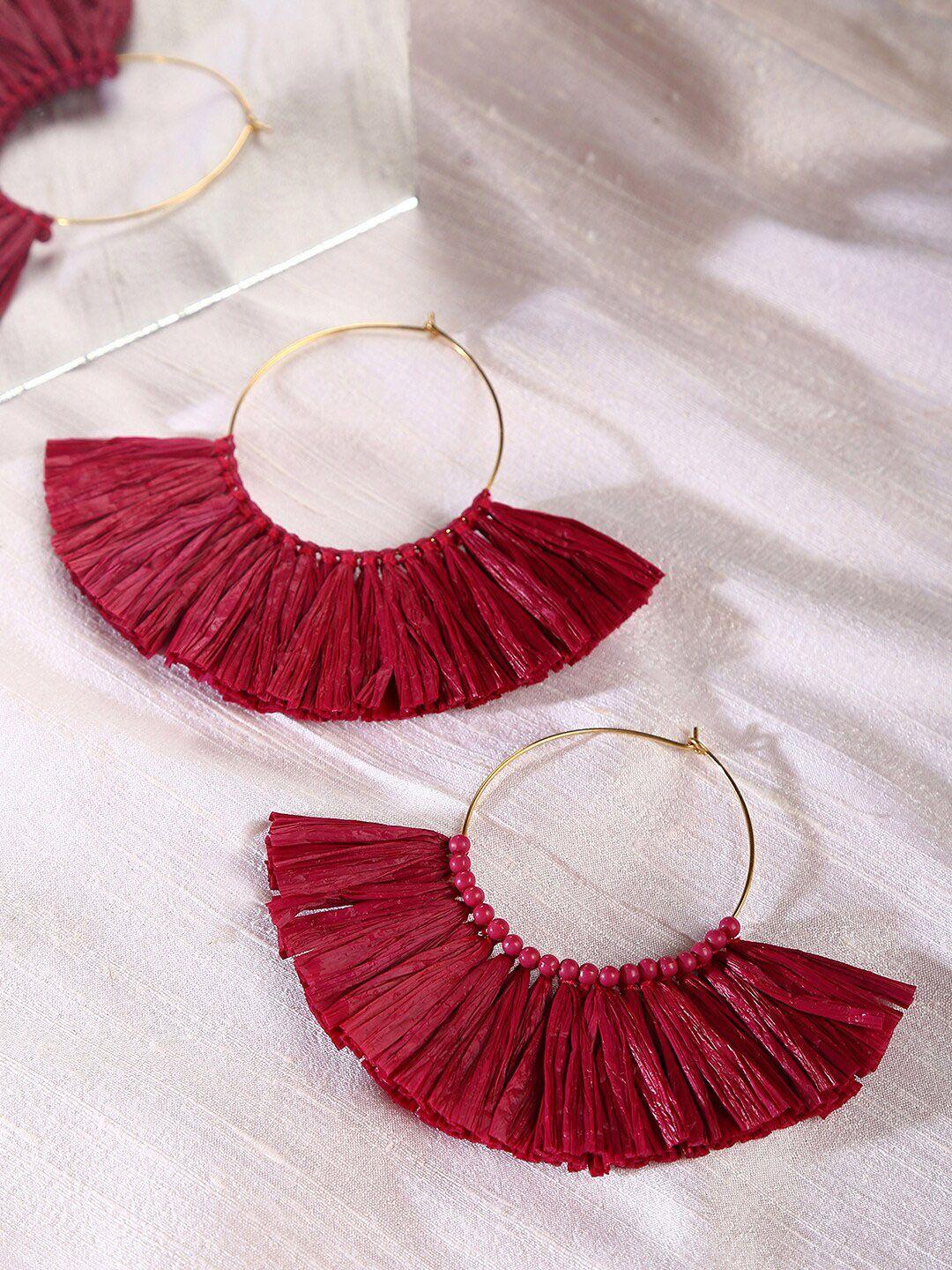 sohi gold-plated maroon tasselled designer circular hoop earrings