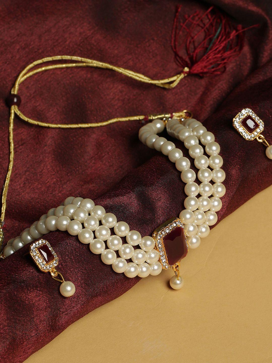 sohi gold-plated white & maroon faux-ruby & beaded jewellery set