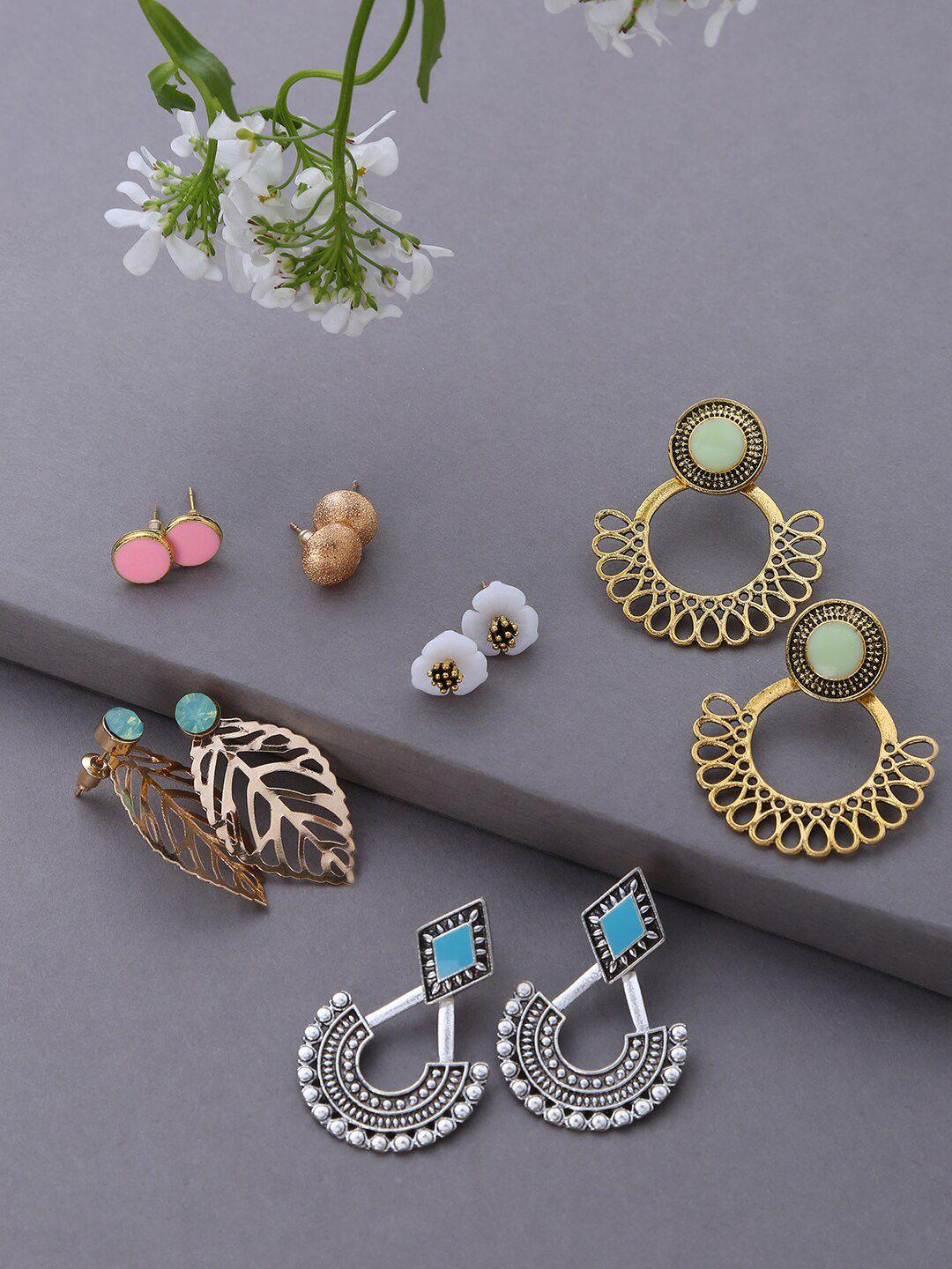 sohi multicoloured set of 6 contemporary studs & drop earrings