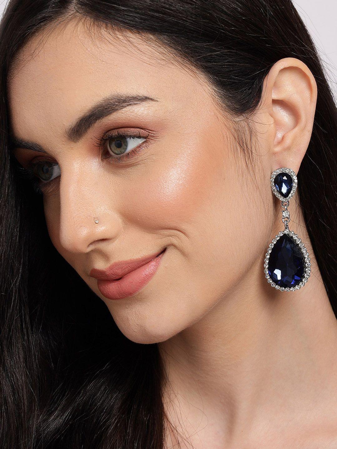 sohi navy blue & white silver-plated teardrop shaped drop earrings