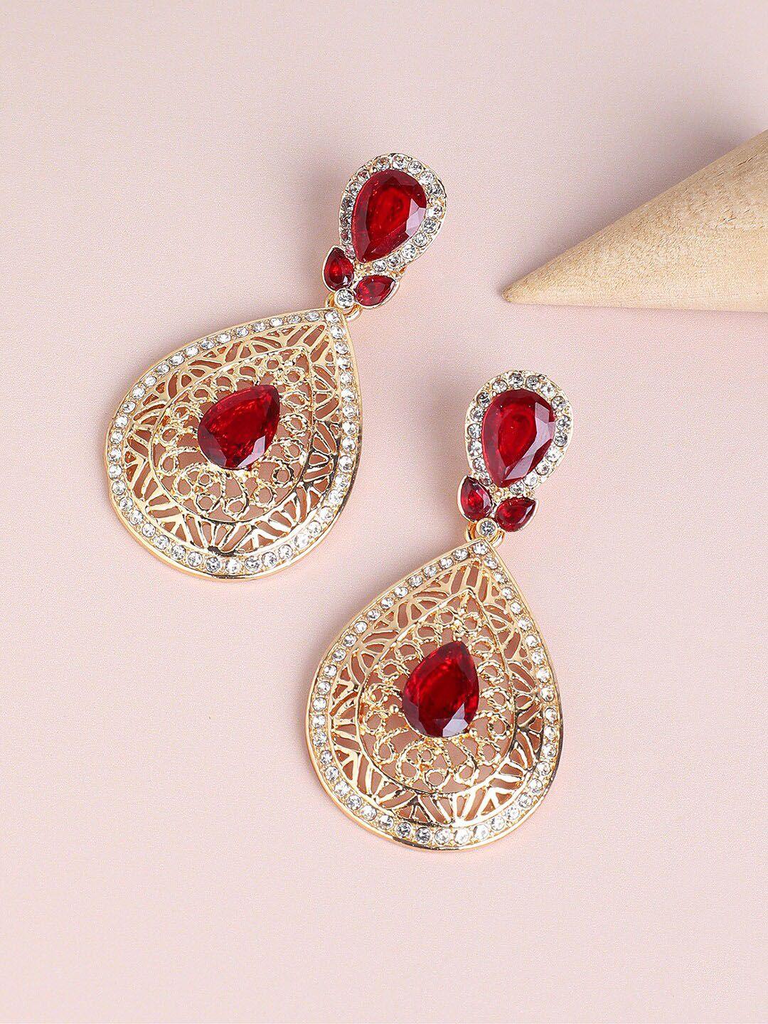 sohi red & gold-plated contemporary drop earrings