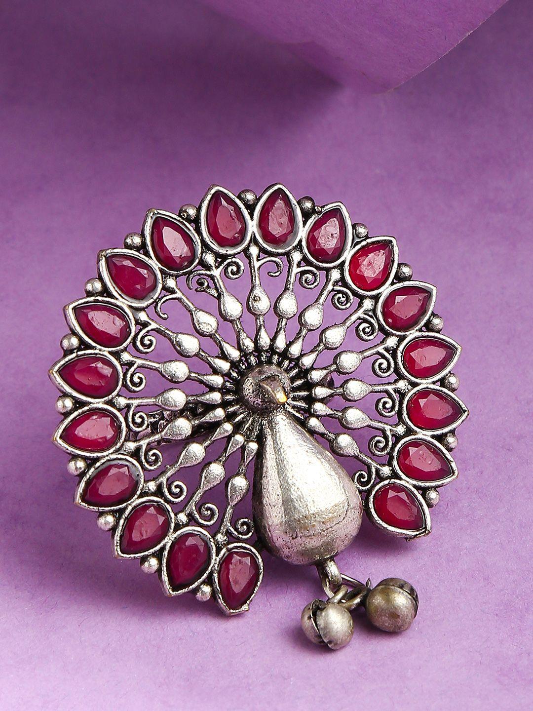 sohi silver-plated stone-studded peacock finger ring