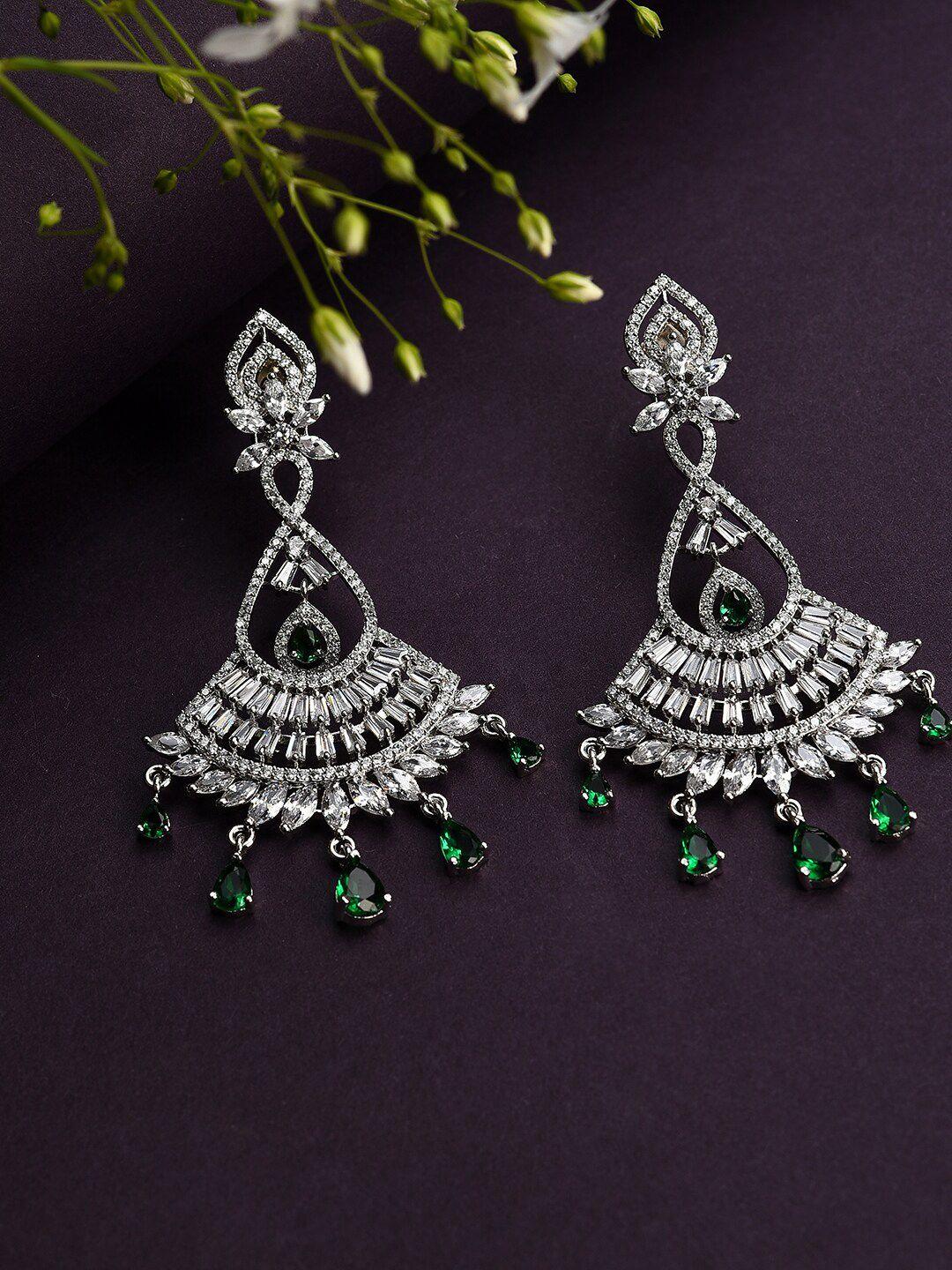 sohi silver-plated white & green stone studded drop earrings