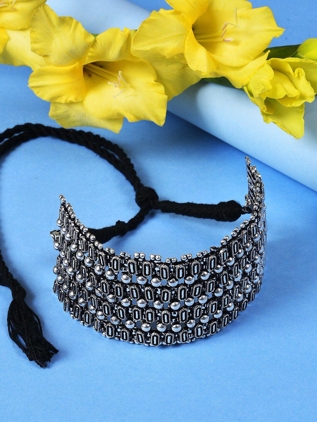 sohi silver-toned & black silver-plated oxidised necklace