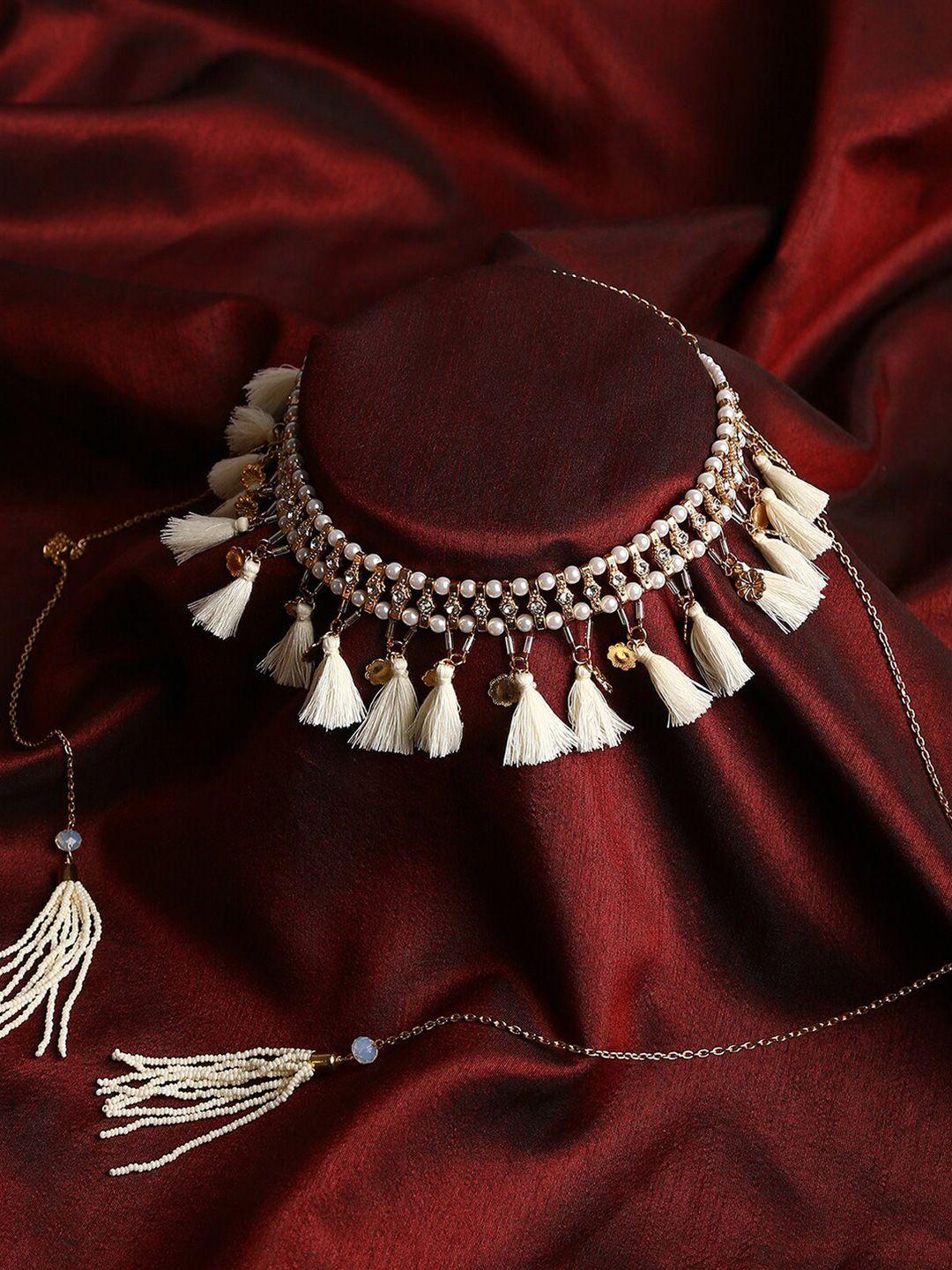 sohi silver-toned & white gold-plated tassel choker necklace