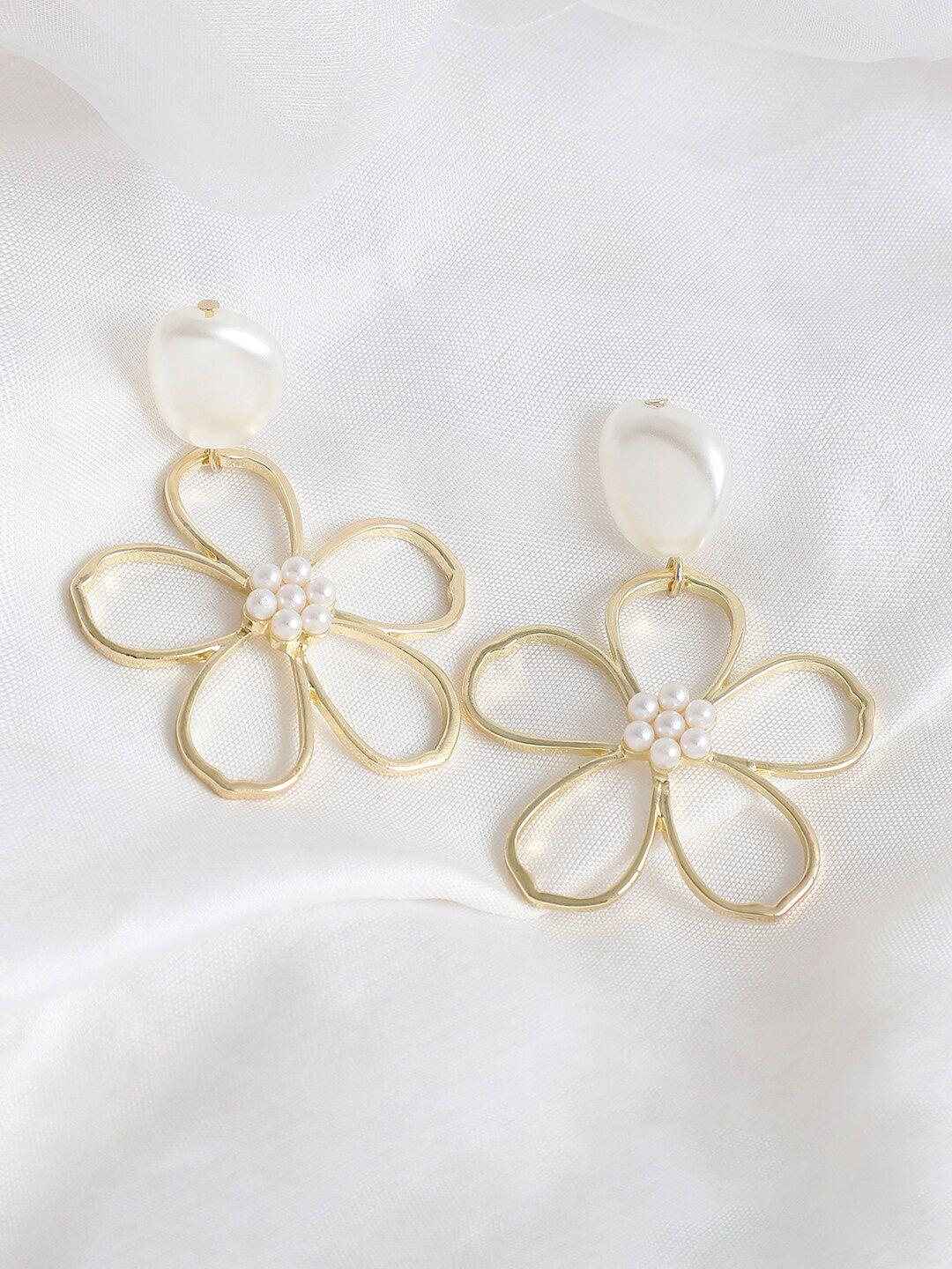 sohi white & gold-toned gold plated floral drop earrings