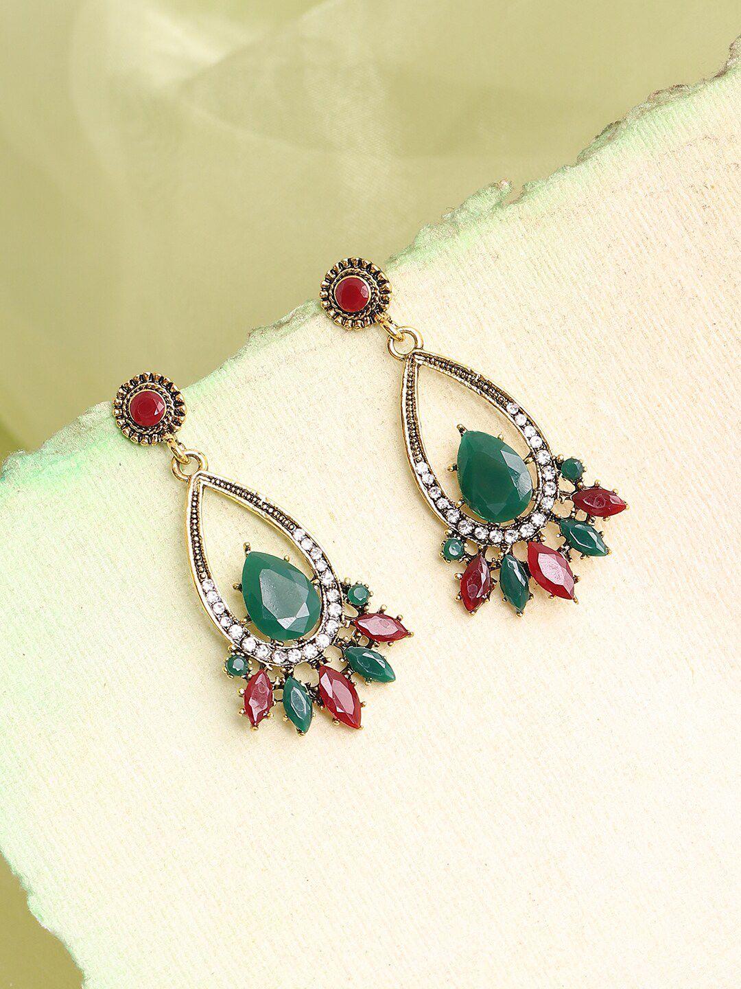 sohi women gold plated red & green teardrop shaped drop earrings