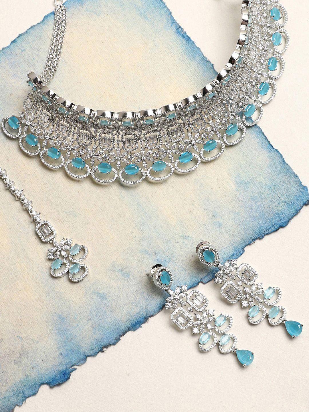 sohi women silver-plated blue & white artificial stones jewellery set