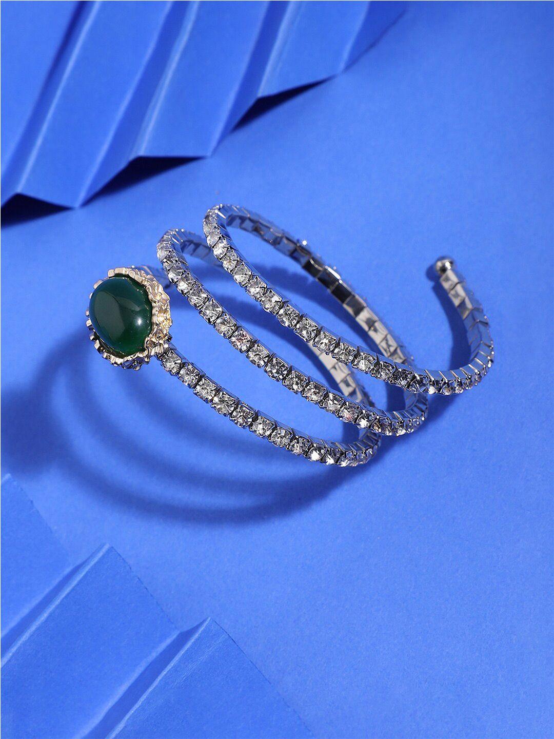 sohi women silver-toned & green silver-plated wraparound bracelet