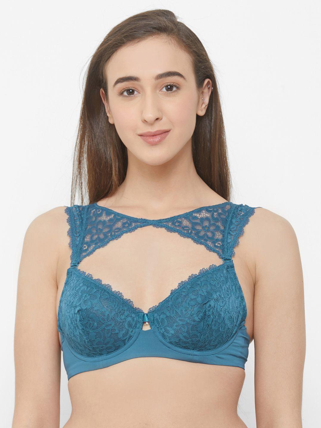 soie teal blue lace underwired demi cup non padded balconette bra