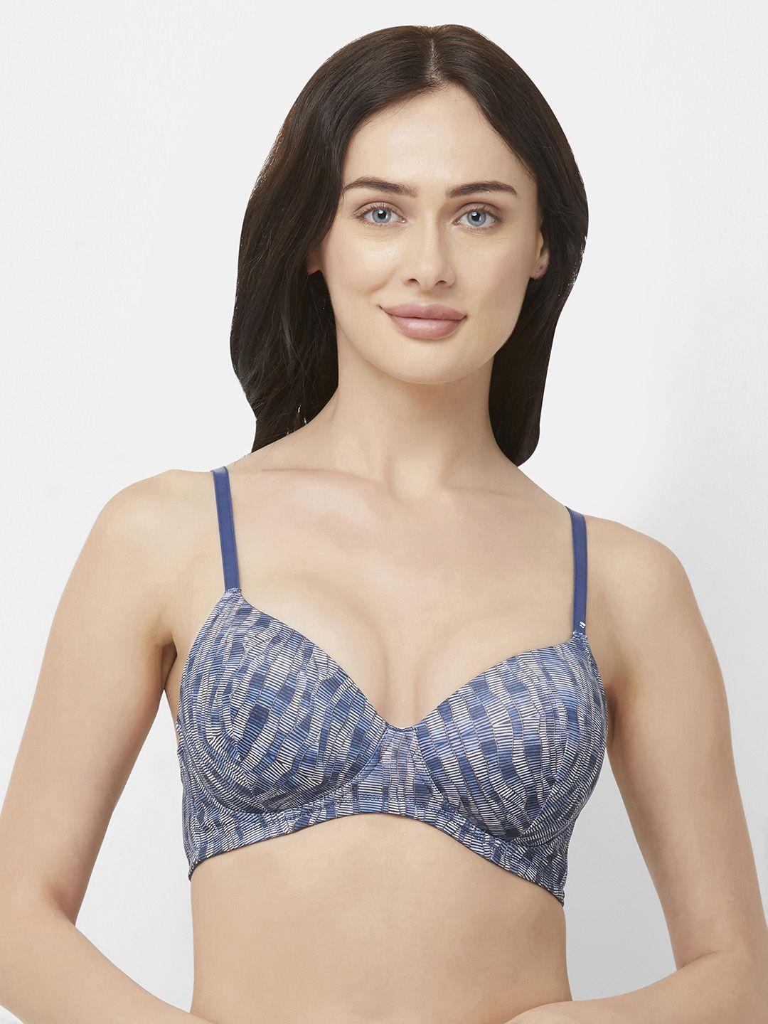 soie blue printed non-wired lightly padded semi-covered t-shirt bra cb-117pr-3