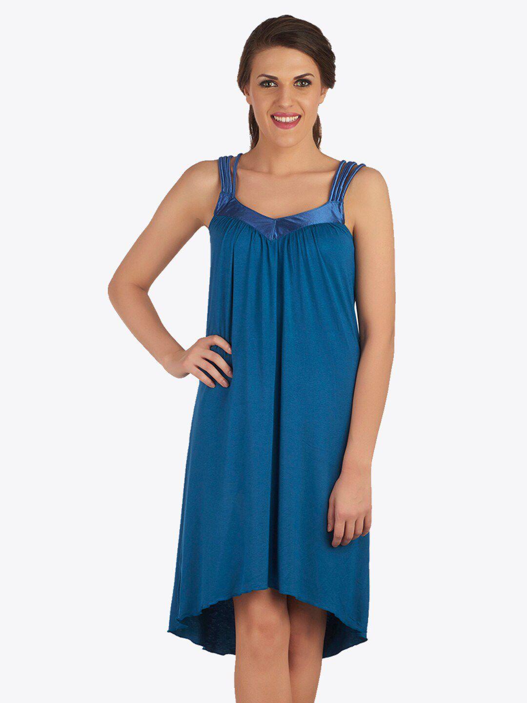 soie blue solid satin styled neckline sleeveless nightdress