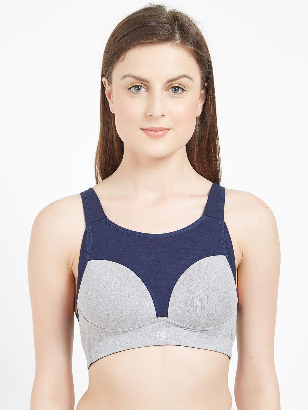 soie grey & navy blue solid non-wired lightly padded training high impact sports bra