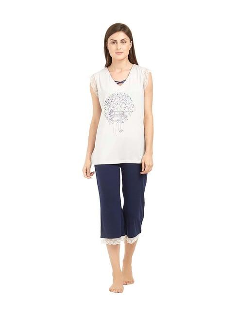 soie grey & navy cotton printed capri set