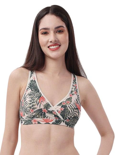 soie off white & green printed medium coverage lounge bra with removable cups