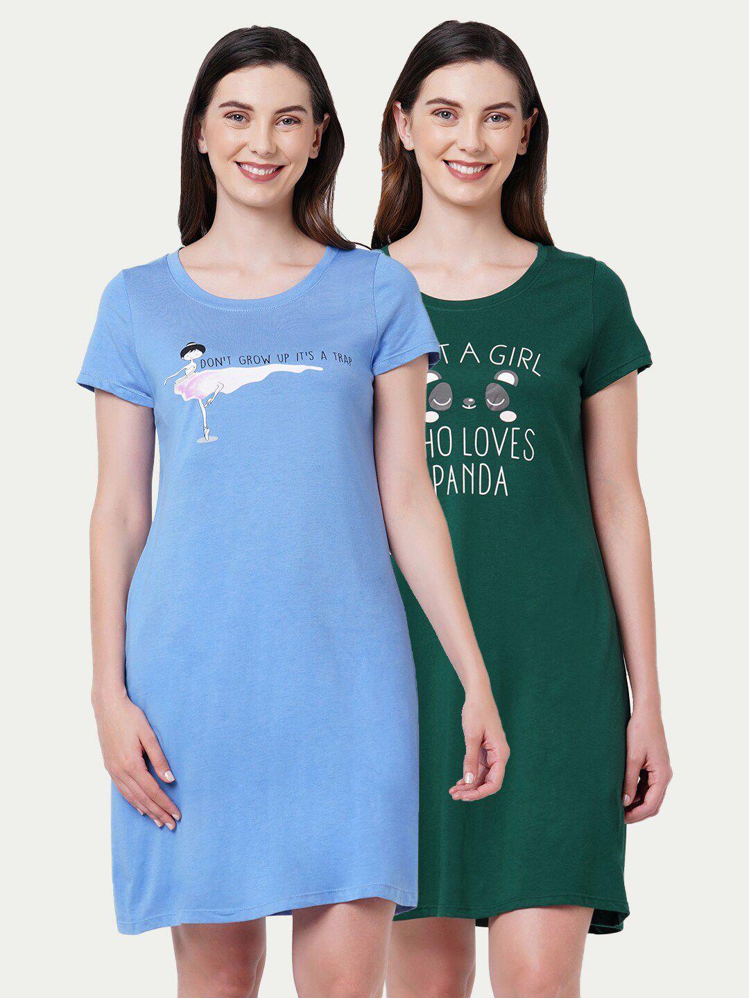 soie pack of 2 blue & green printed nightdress