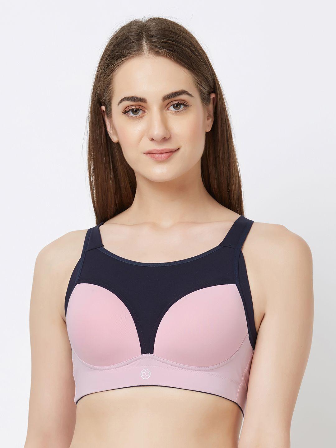 soie pink & blue colourblocked non-wired lightly padded training high impact sports bra