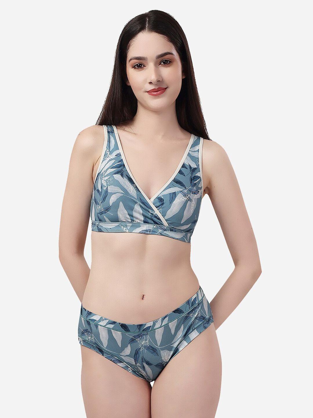 soie printed non padded non wired lounge bra with mid rise seamless full coverage brief