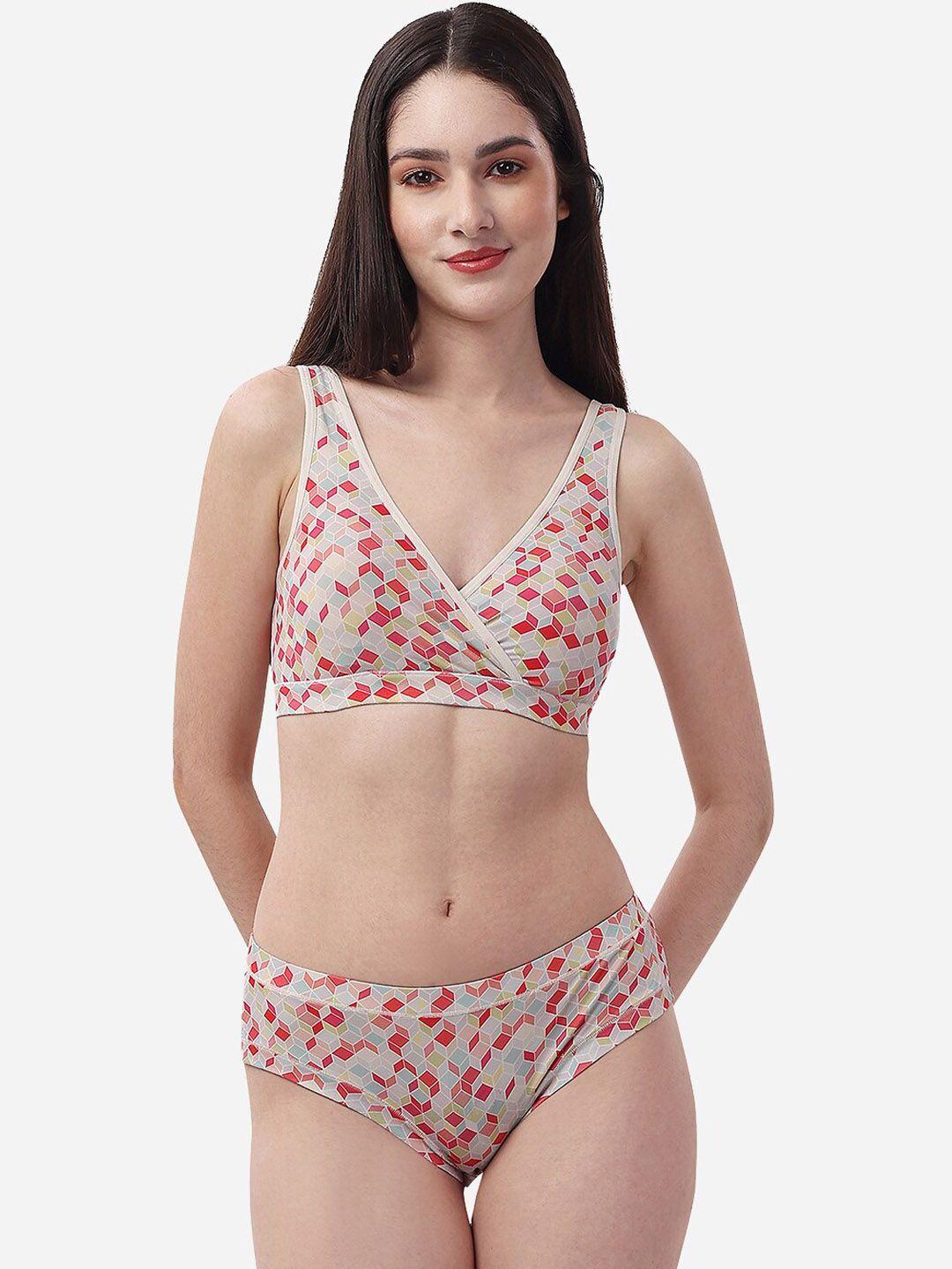 soie printed non padded non wired lounge bra with mid rise seamless full coverage brief