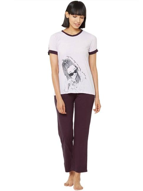 soie purple printed top with pyjama set