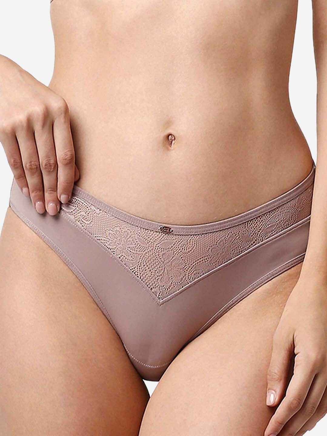 soie women brown solid hipster briefs with lace detail