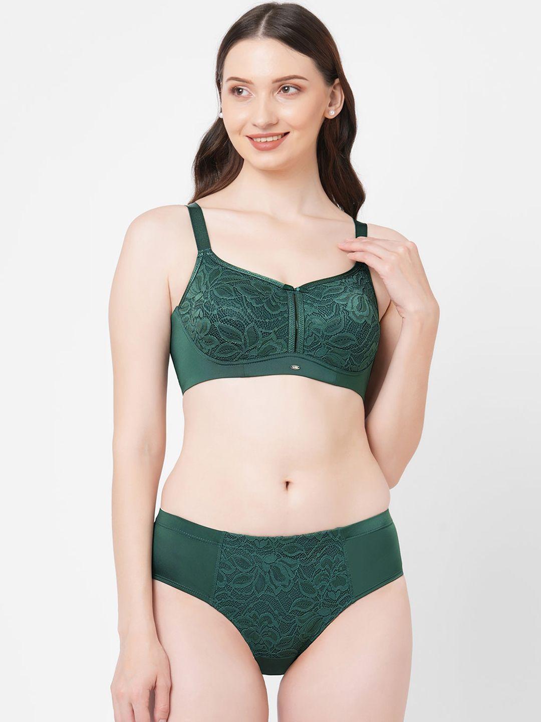 soie women green solid full coverage padded non-wired lace lingerie set