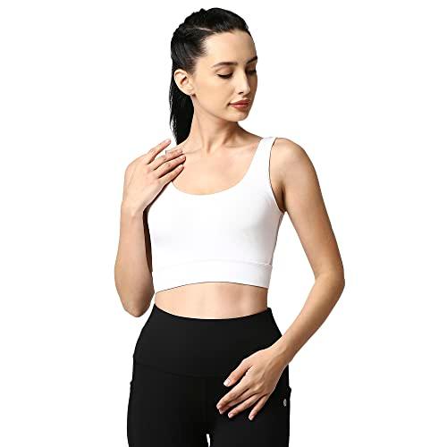 soie women medium impact cotton spandex non padded non wired long line sports bra, white, m