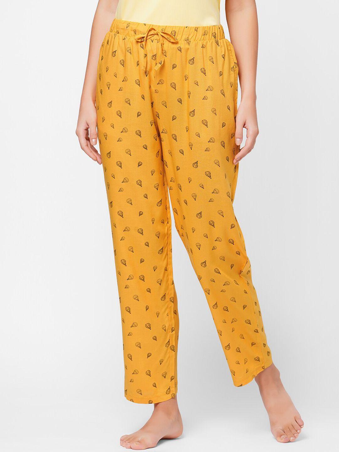 soie women mustard super-soft rayon printed pyjamas