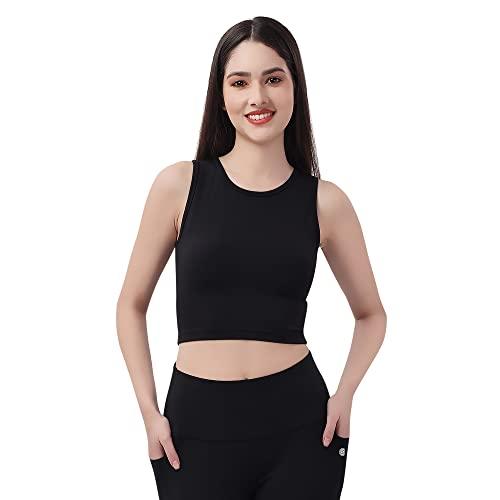 soie women polyester blend crop top sleeveless quick dry athleisure round neck top for workout, yoga, gym, black, m