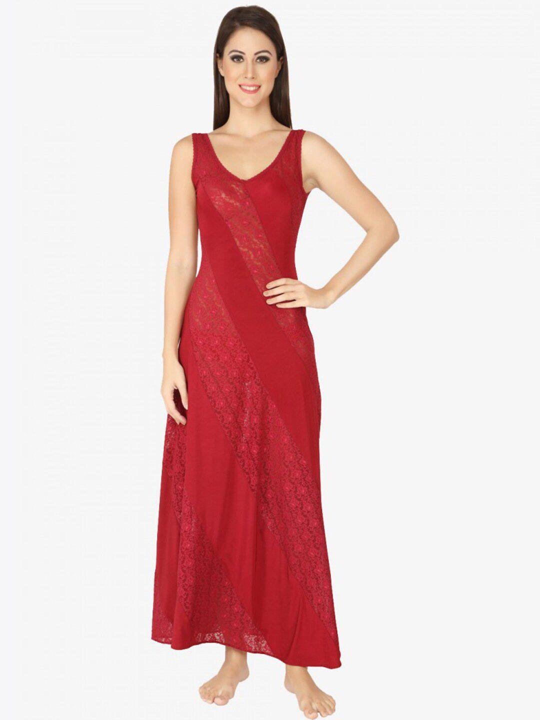 soie women red solid lace nightdress