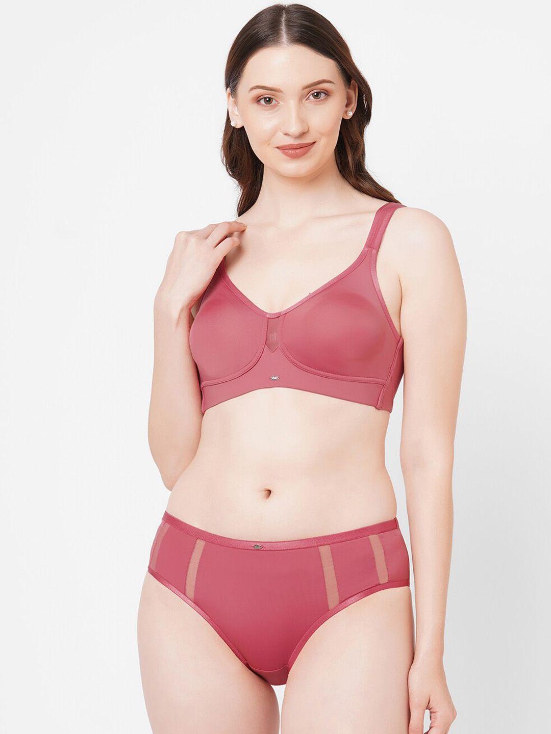 soie women red solid minimiser non-padded non-wired lingerie set