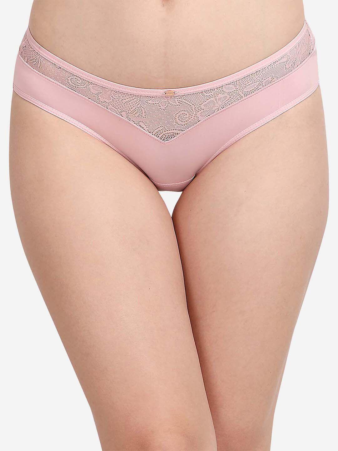 soie women solid hipster briefs with lace detail