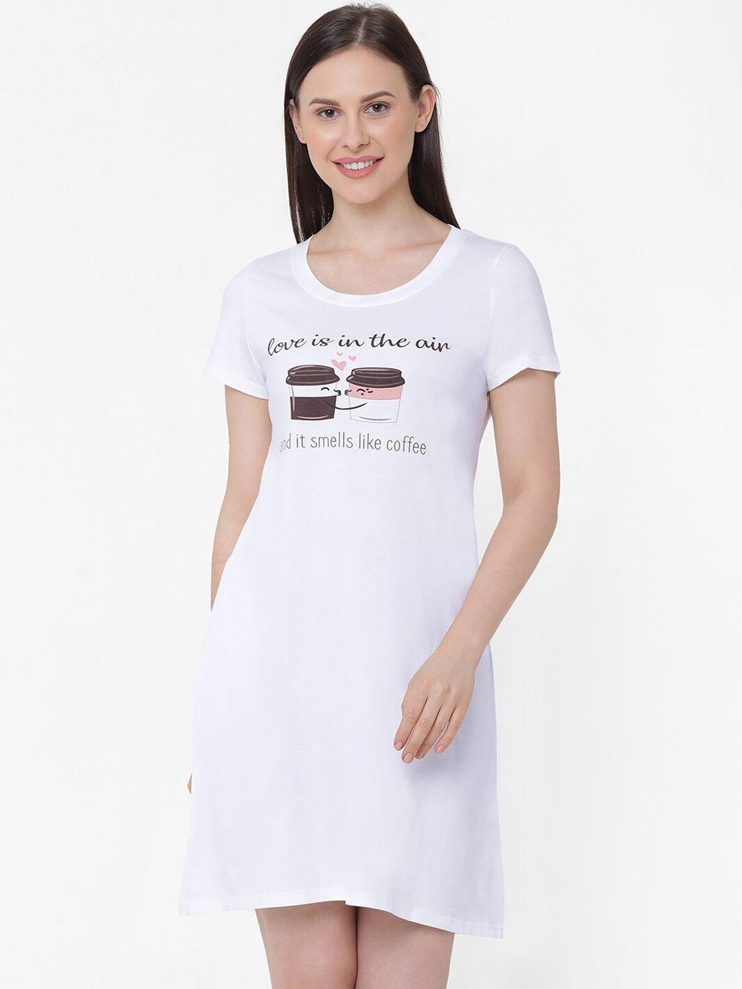 soie women white & brown printed super-soft knee-length sleep shirt