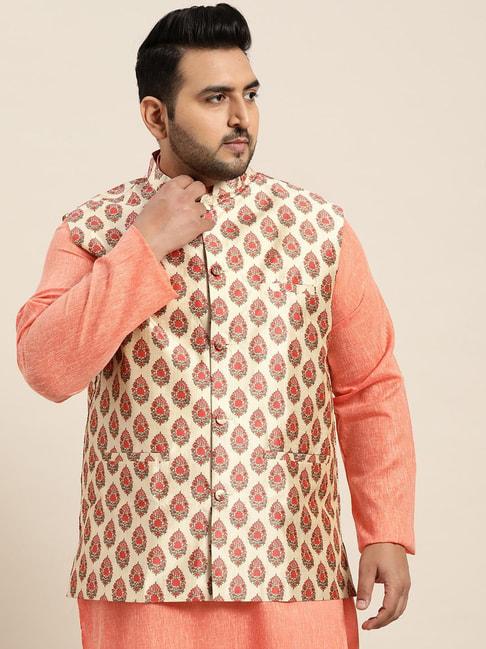 sojanya beige & maroon comfort fit printed nehru jacket