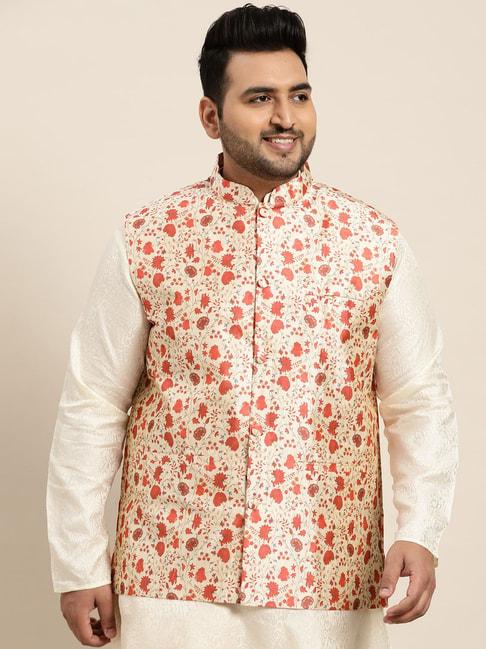 sojanya beige & red comfort fit printed nehru jacket