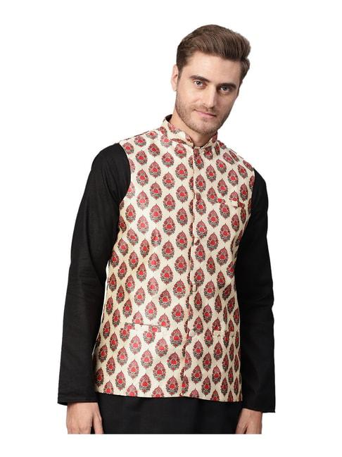 sojanya beige & red floral print nehru jacket