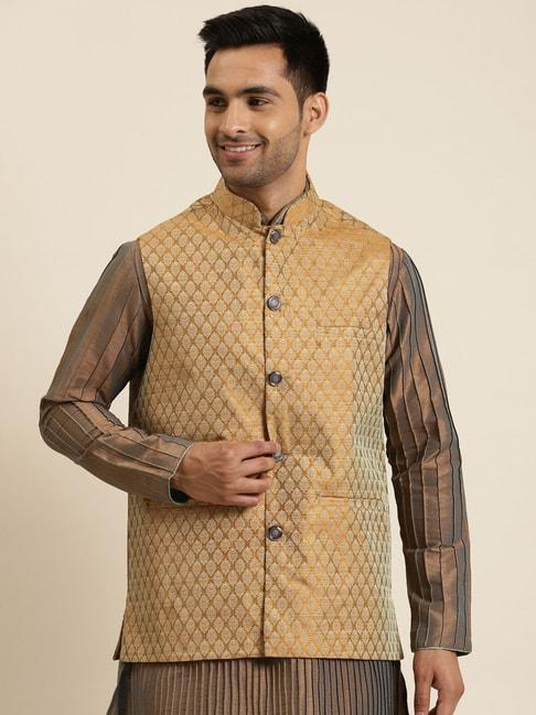 sojanya beige comfort fit printed nehru jacket