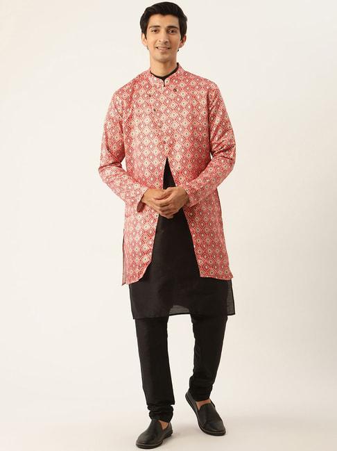 sojanya black & peach regular fit printed kurta set with jacket