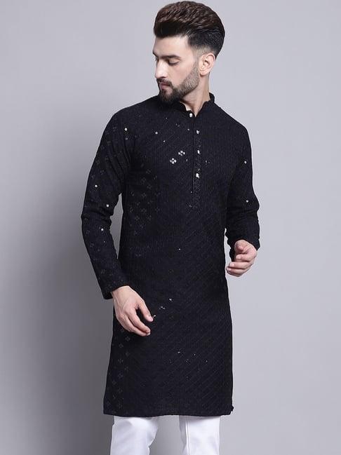 sojanya black cotton regular fit embellished kurta