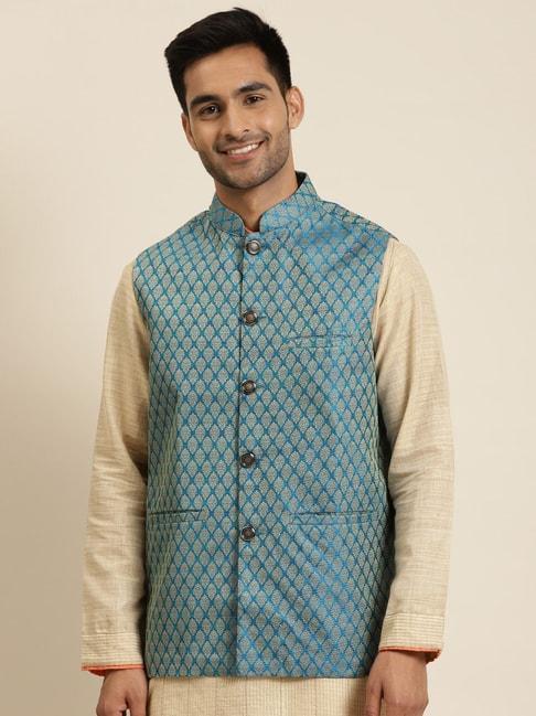sojanya blue comfort fit printed nehru jacket