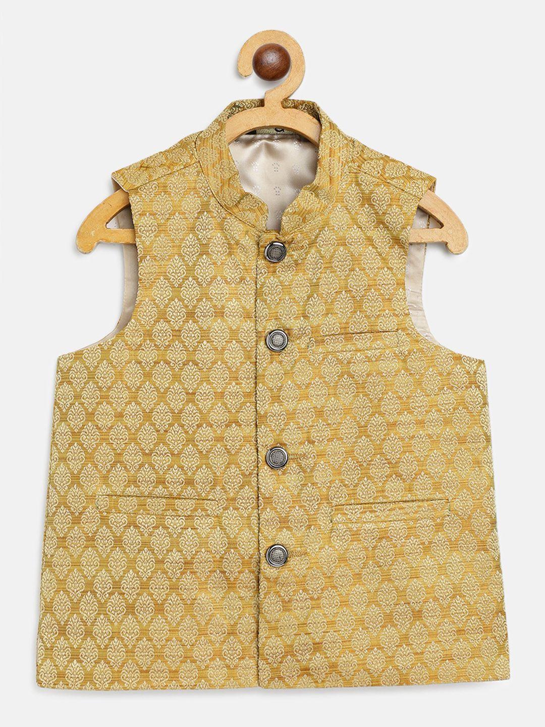 sojanya boys mustard yellow & beige jacquard woven design nehru jacket
