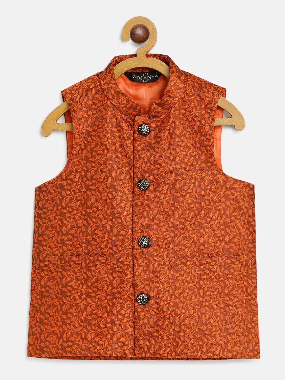 sojanya-boys-orange-floral-woven-design-jacquard-weave-nehru-jacket