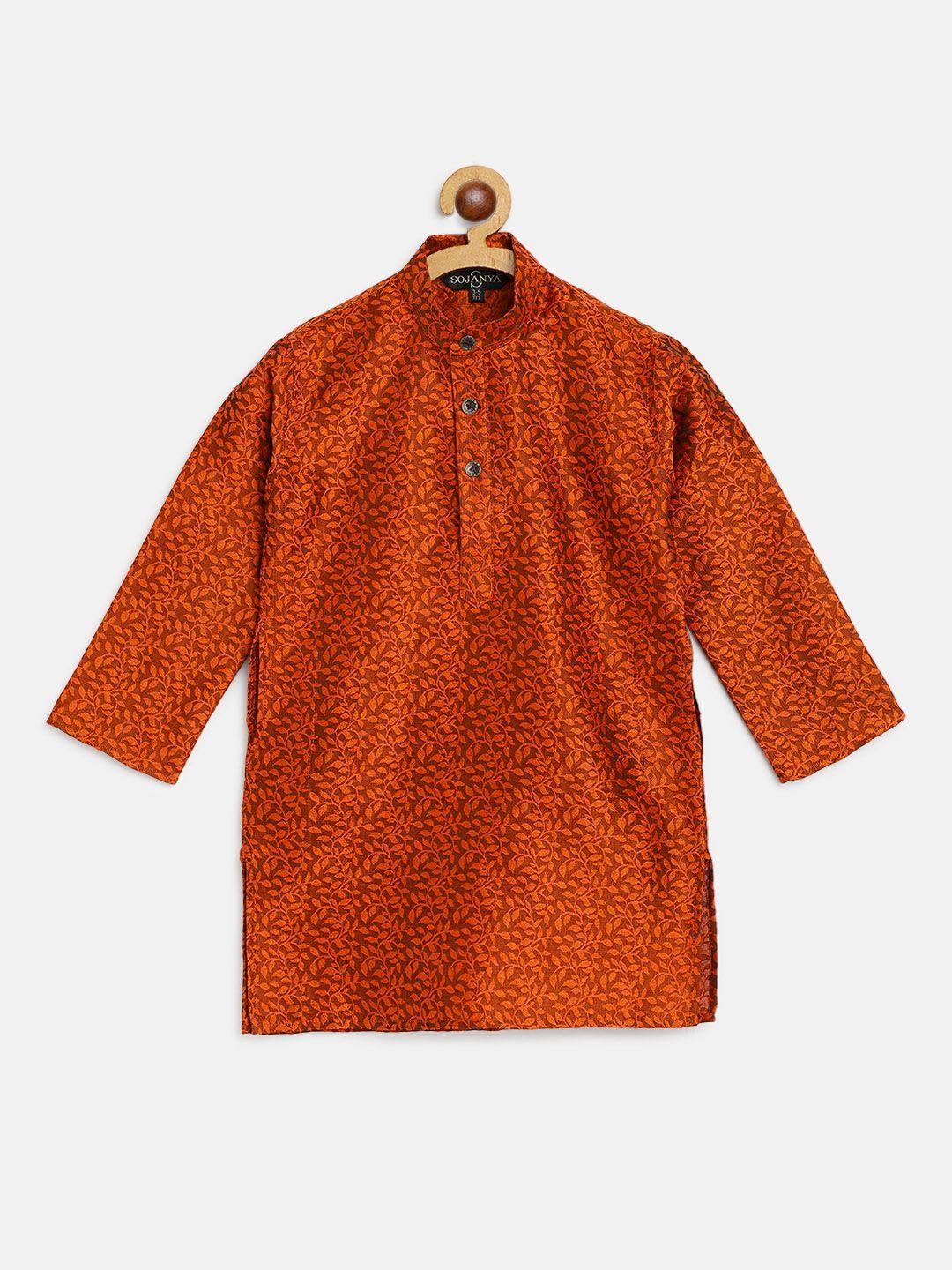 sojanya boys orange woven design jacquard weave band collar kurta