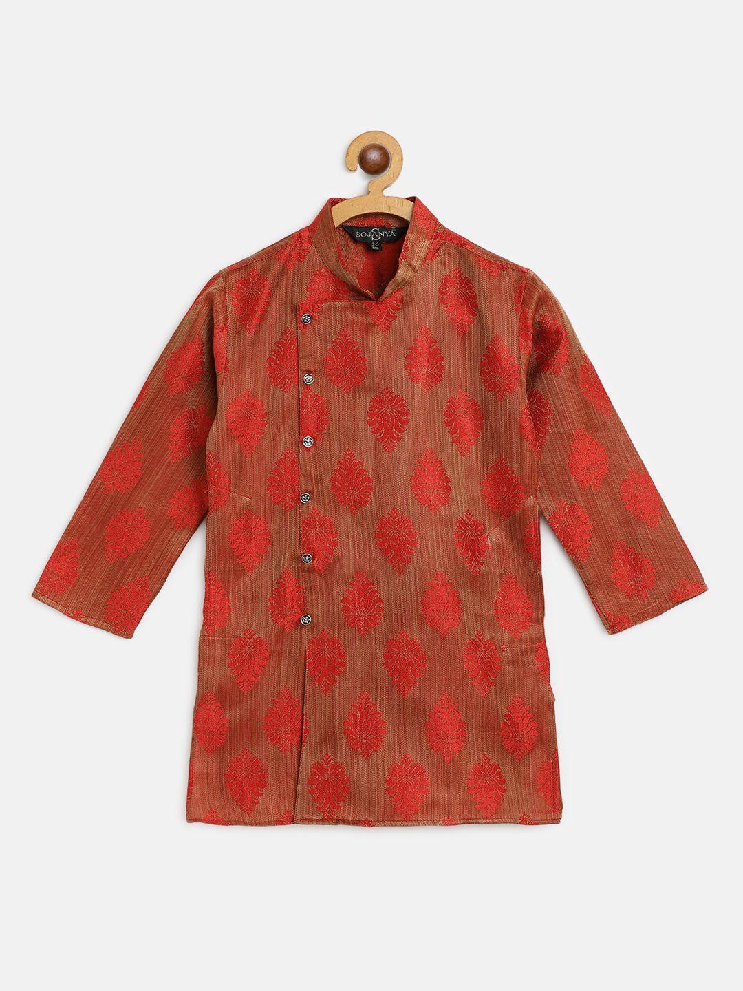 sojanya boys rust brown & red woven design mandarin collar jacquard straight kurta