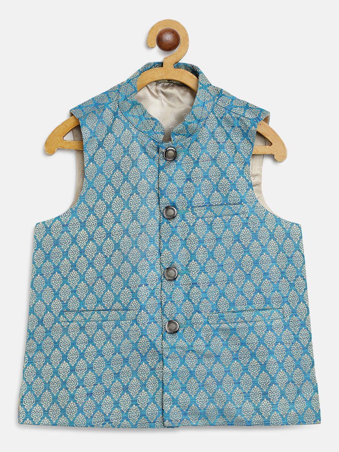 sojanya boys teal blue & golden jacquard woven design nehru jacket
