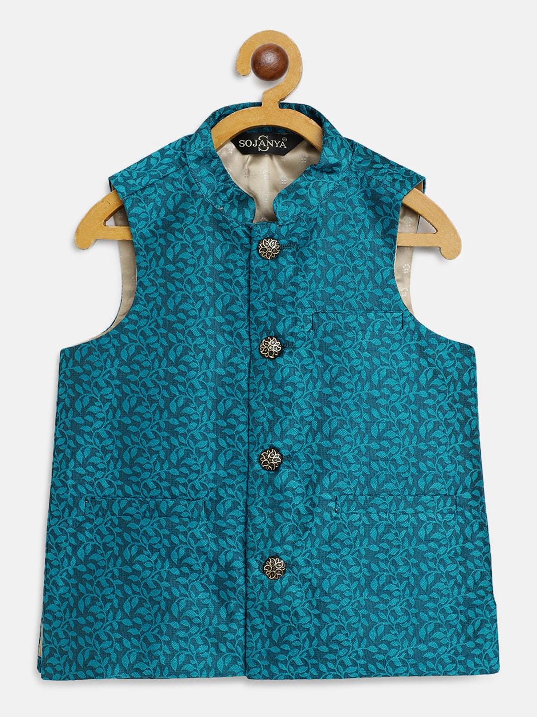 sojanya boys teal blue floral woven design jacquard weave nehru jacket