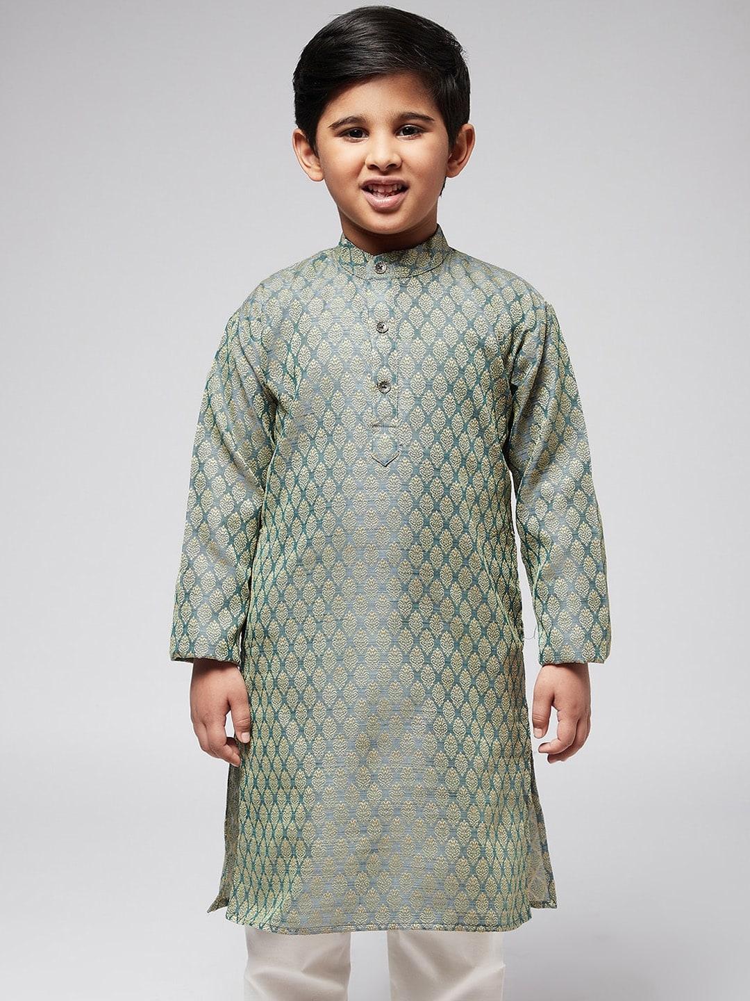 sojanya boys teal green & gold-toned ethnic motifs jacquard kurta