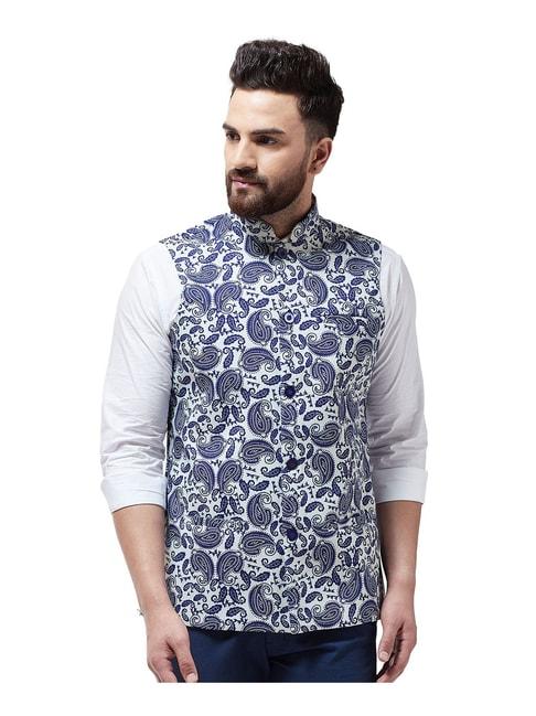 sojanya cream & royal blue paisley print nehru jacket