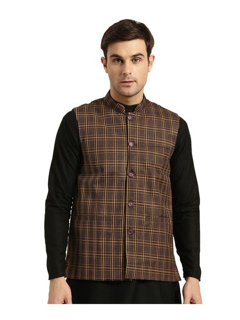 sojanya dark brown & mustard checks nehru jacket