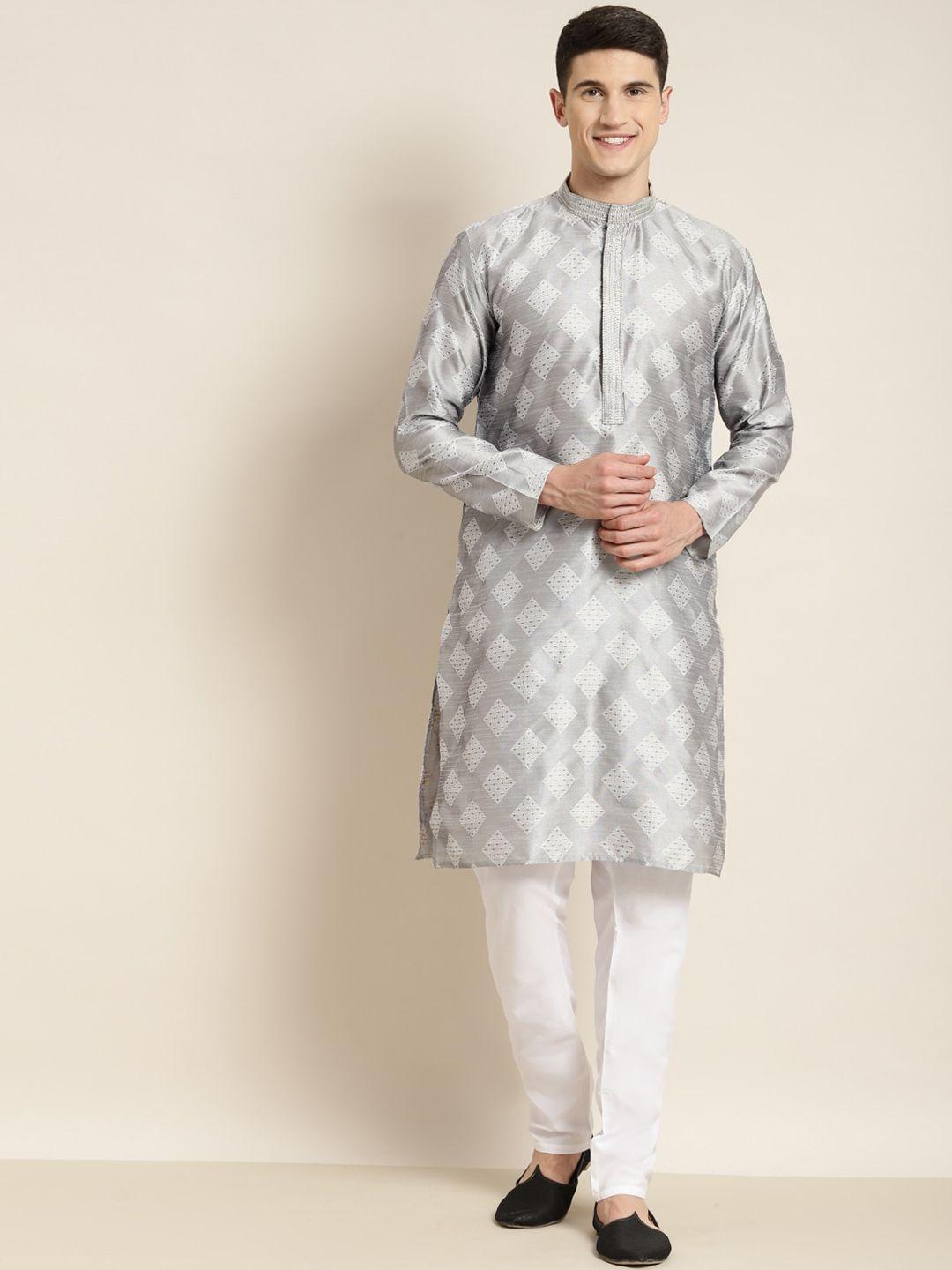 sojanya ethnic motifs printed mandarin collar thread work silk cotton kurta